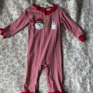 Festive Red Striped Kids Footie with Santa and Cookies